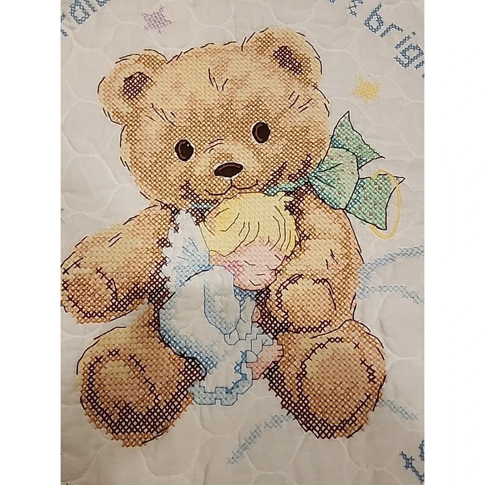 Handmade Cross Stitch Baby Blanket Bear & Guarding Angel Pastel Color  40"L X 29 - Picture 4 of 5